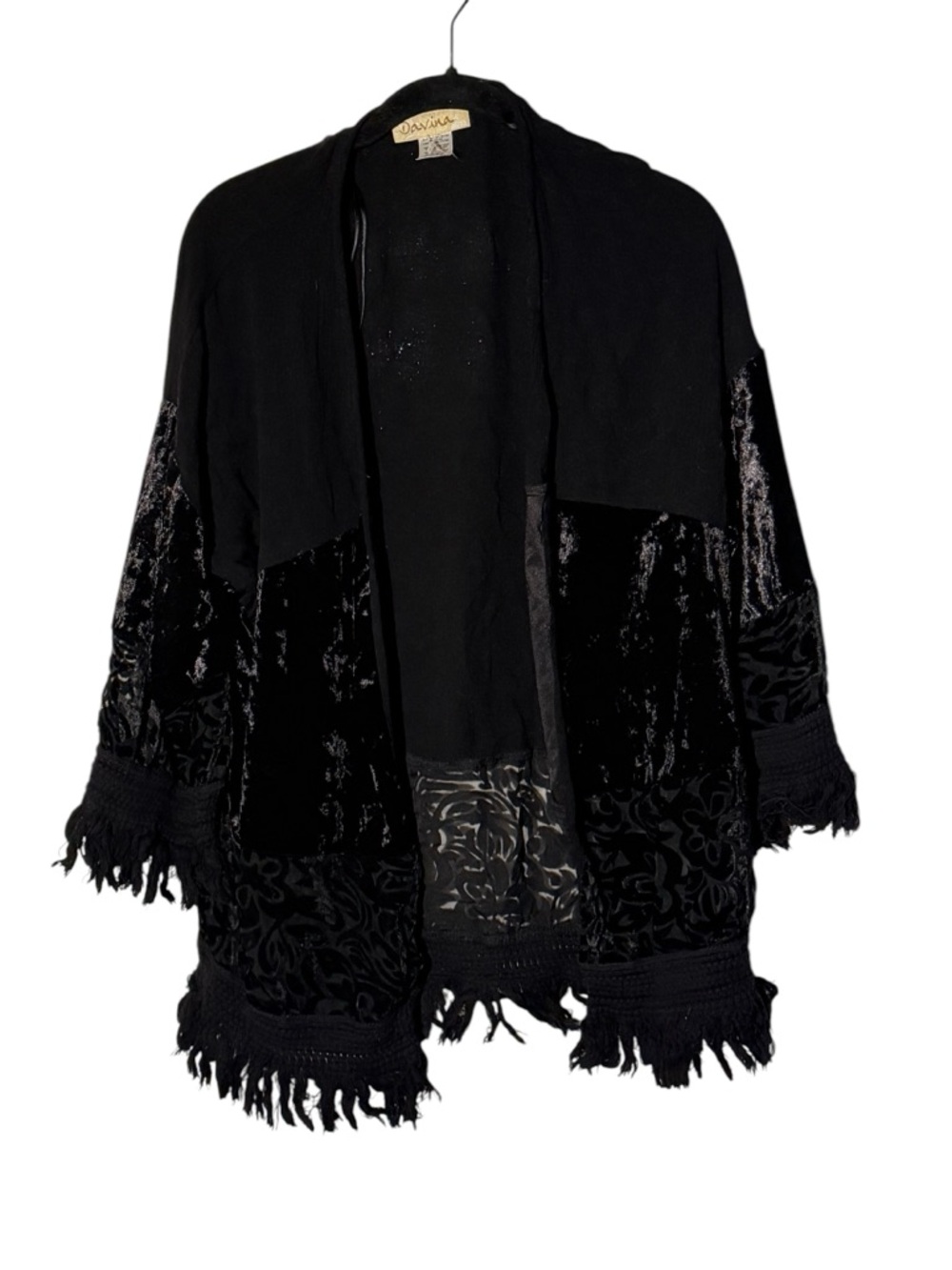 Davina Size XS Black Ribbed Fringe Velvet Cardigan Top